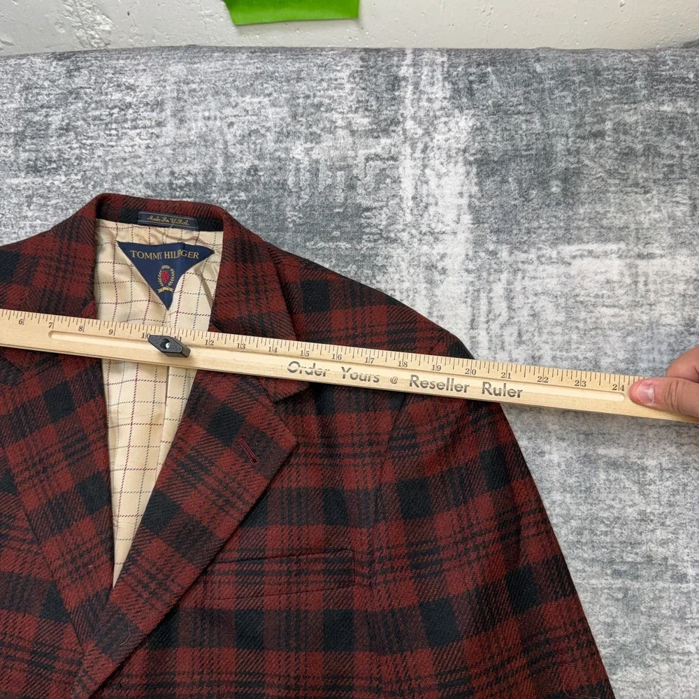 VTG Tommy Hilfiger Blazer Jacket Mens 42 Red Plaid Tweed Wool Sport Coat Preppy